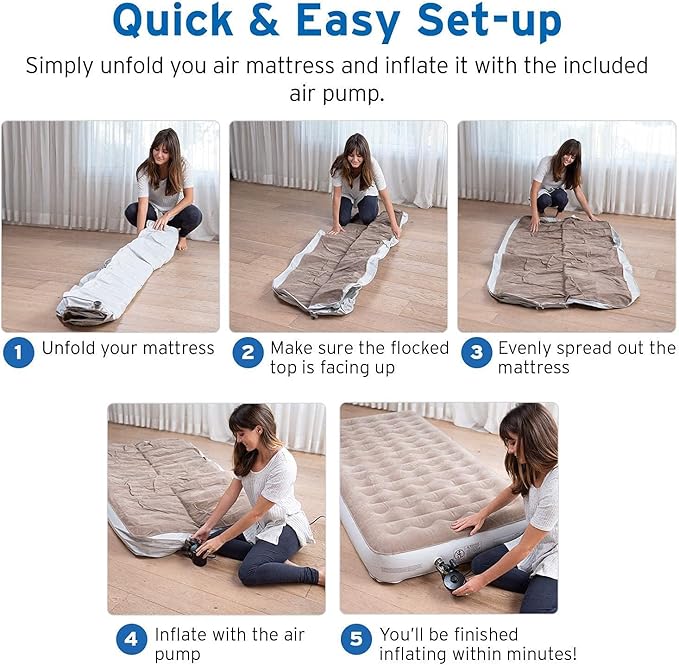 Etekcity Air Mattress Upgraded Twin Size Camping Air Bed Blow Up Bed Inflatable Mattress Raised Airbed with Rechargeable Pump for Guest, Camping, Hiking, Height 9", Storage Bag, Brown