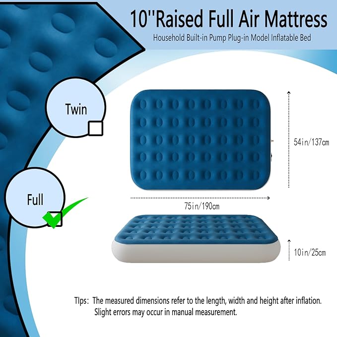 Full Air Mattress with Built in Pump,10" Blow up Air Bed, 2 Mins Quick Self-Inflation/Deflation, Foldable Inflatable Mattress for Home/Travel, 10'' Full Blue