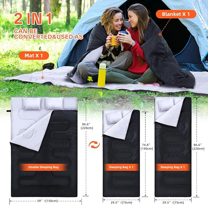 Ohuhu Double Sleeping Bag for Adults with 2 Pillows, Queen Size Two Person Sleeping Bag for Camping Hiking Backpacking 2 Person Sleeping Bags for Cold Weather & Warm