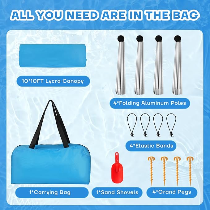 Beach Tent Canopy UPF50+ Protection, 10x10FT Beach Shade Sun Shelter Pop Up with 4 Stability Poles, Sandbags, Sand Shovels, Ground Pegs, Carrying Bag for Outdoor Family Camping Fishing Picnics