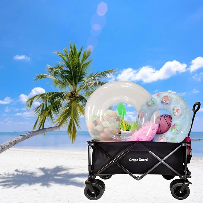 Collapsible Beach Wagon Garden Cart with All-Terrain Big Wheels, 220LBS Heavy Duty Foldable Utility Wagon with Adjustable Handle & Cup Holders, 200L Capacity for Outdoor Camping, Black