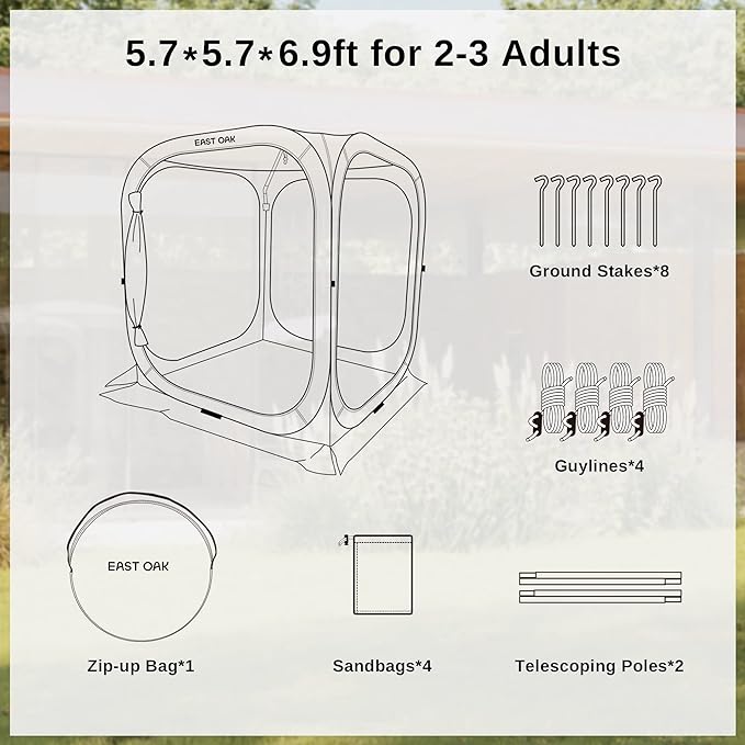 EAST OAK Screen House Tent Pop-Up, Portable Screen Room Canopy Instant Screen Tent 6 x 6 FT with Carry Bag for Patio, Backyard, Deck & Outdoor Activities, Beige