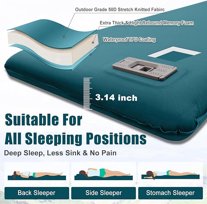 Self Inflating Sleeping Pad with Electric Pump, 3.14" Ultra-Thick Memory Foam Camping Mattress Pad with Pillow Fast Inflating in 30s,9.5 R-Value Insulated Camping Pad for Camping Car Travel, Blue