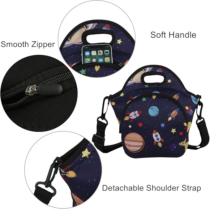 Violet Mist Neoprene Lunch Bag Insulated Lunch Bag Tote Cute Large Thermal Lunchbags with Pocket Detachable Adjustable Shoulder Strap Lunchbox Food Handbags Gift for Women Men Adult, Space Planet
