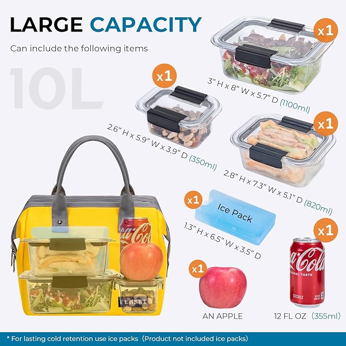 ECHSRT Large Insulated Lunch Bag for Women Men Leakproof Cooler Lunch Tote Bags for Work Travel Adult Thermal Lunchbox for Office -10L Yellow