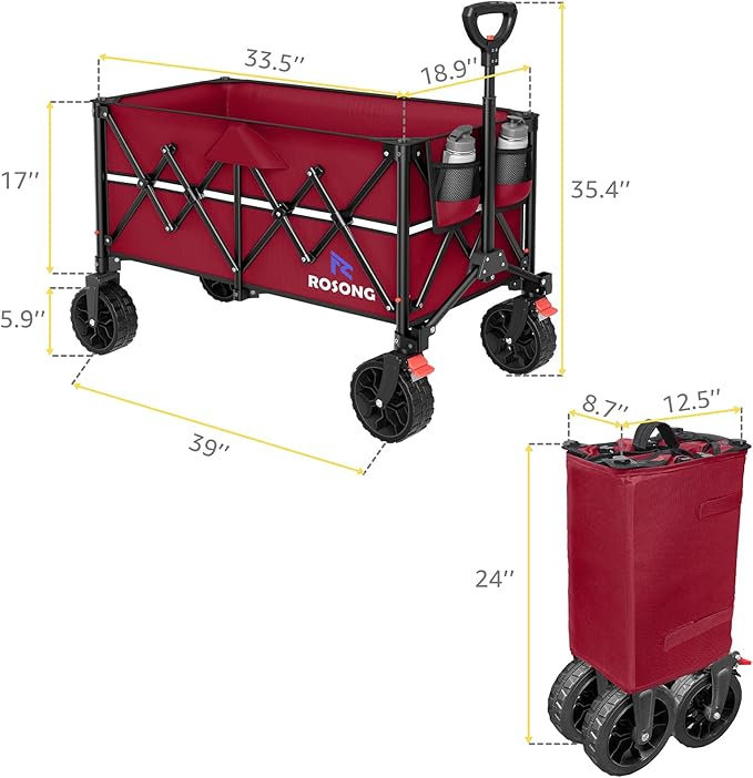 Burgundy Folding Wagon Cart with Wheels Foldable - Collapsible Wagons Carts Heavy Duty, Fold Up Portable Utility Wagon for Grocery Beach Sports Fishing Camping Shopping