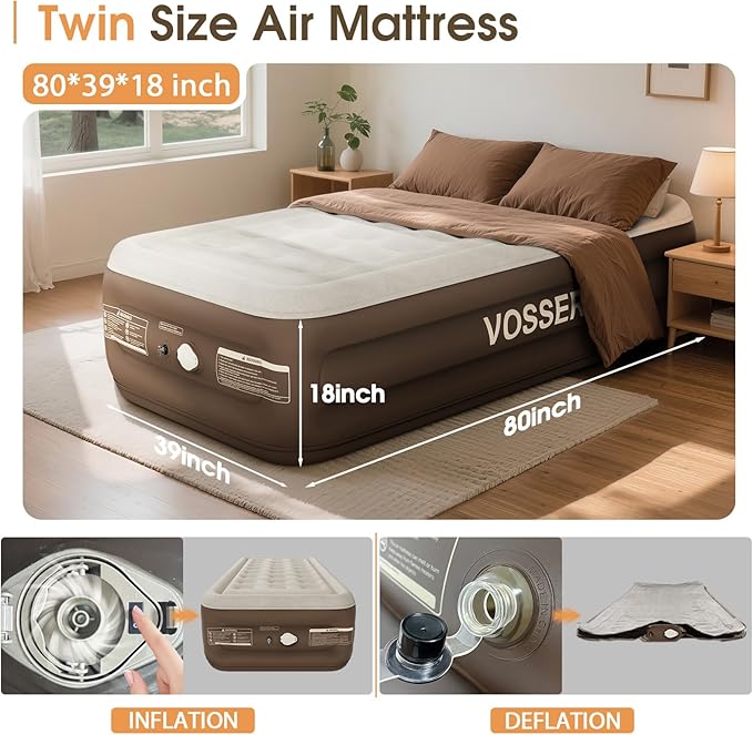 Twin Size Airbed with Detachable Rechargeable Pump - for Camping & Home Use, Portable Design, Supports up to 330 lbs MAX