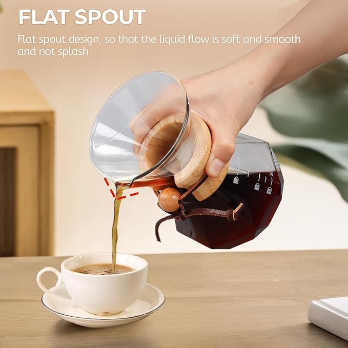 Pour Over Coffee Maker 400ml with 304 Stainless Steel Filter and Wooden Collar Holder Borosilicate Glass Drip Coffeemaker Server Set Clear Hand Brew Dripper Carafe for Home Camping Travel 13.5oz