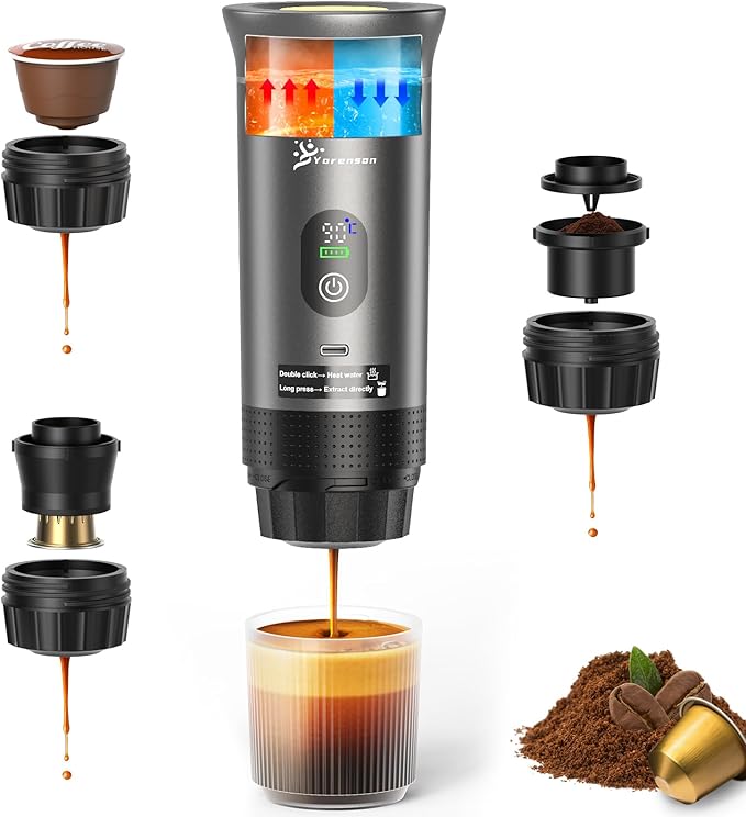 Portable Coffee Maker for Travel,Self-Heating Espresso Machine with USB-C,LED Display,20 Bar,Compatible with Coffee Grounds&Capsules (Ns&DG)–Portable Espresso Maker for Car,RV,Camping,Office