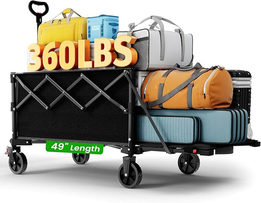 Large Foldable Wagons Extended, Collapsible Wagon with Tailgate, 49”L Folding Wagons with Brakes, Grocery Wagon, Utility Cart for Sports, Shopping, and Camping, Black