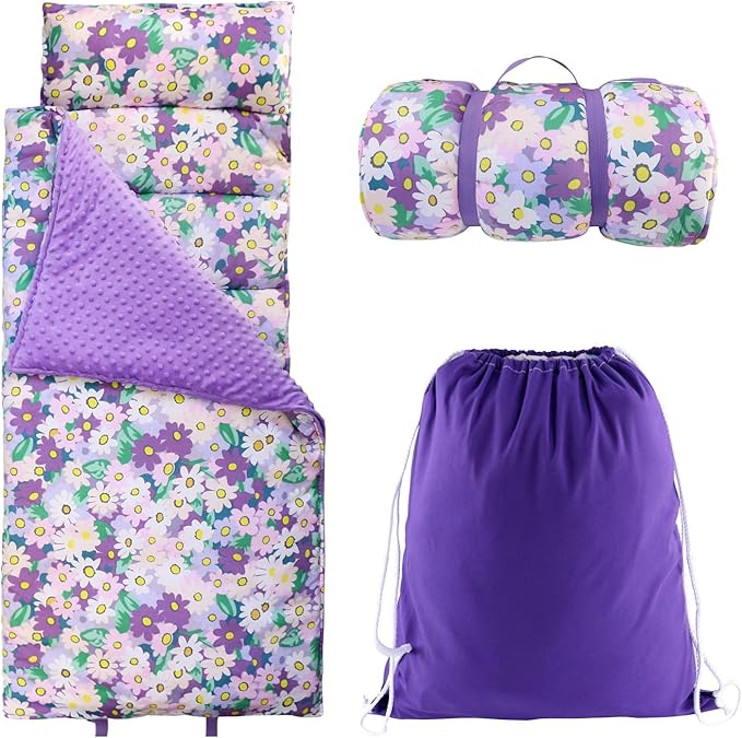 Toddlers Nap Mat with Removable Pillow and Soft Blanket, Lightweight Daycare Preschool Kindergarten Sleeping Bag, Travel Slumber for Kids Girls Boys