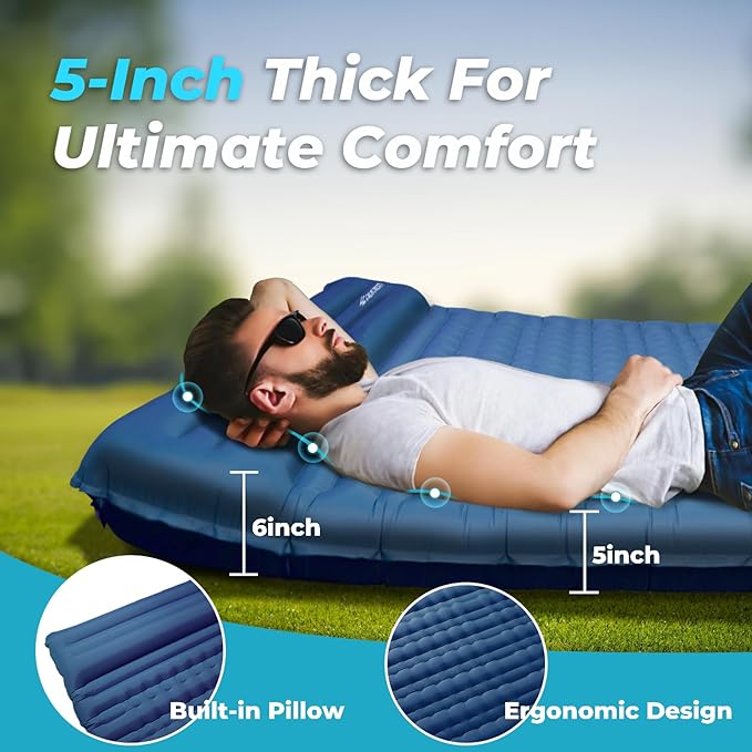 Double Sleeping Pad for Camping, 5" Extra-Thick Inflatable Camping Pad 2 Person with Built-in Foot Pump,Comfort Camping Mat with Pillow, Lightweight Sleeping Mat, Supports Up to 800 lbs-Blue
