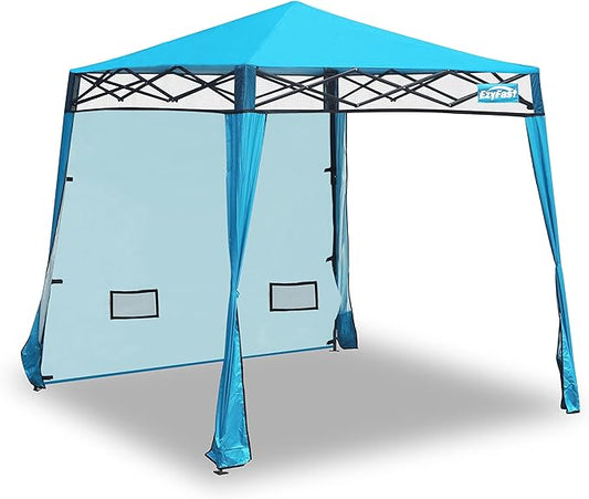 EzyFast Compact Pop Up Canopy Tent, Collapsible Instant Shelter, Portable Sports Cabana, With Built-in Weight Bags, 8 x 8 ft Base / 6 x 6 ft Top for Camping,Hiking,Fishing,Family Outings (Mosaic Blue)
