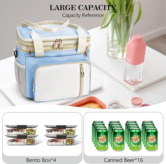 LOKASS Lunch Box for Women/Men-16L-Insulated Lunch Bag, Expandable Double-layer Leakproof Cooler Bag with Upgrade Adjustable Shoulder Strap Ideal for Work/Travel/Picnics（Sky Blue）