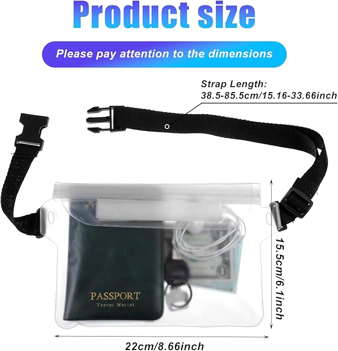 Waterproof Fanny Pack Adjustable Waist Strap Clear Fanny Pack for Women, Waterproof Belt Bag Water Park Essentials, Fanny Dry Pack for Beach, Camping and Swimming