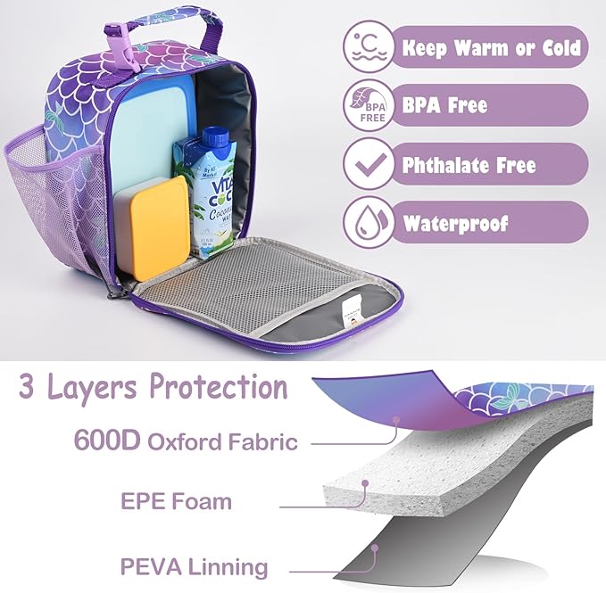 Lunch Box Kids,Premium Insulated Lunch Bag for Girls Boys,Soft Bag Mini Cooler Back to School Thermal Reusable Lunch Bag for Work School Picnic (Mermaid)