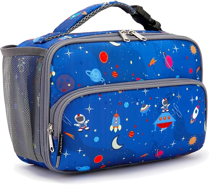 FlowFly Kids Lunch box Insulated Soft Bag Mini Cooler Back to School Thermal Meal Tote Kit for Girls, Boys, Astro&Rocket