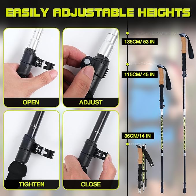 Collapsible Trekking Poles for Hiking-Lightweight Adjustable Walking Sticks with 7075 Aluminum,Anti-Shock,Quick Lock&Cork Grips for Men/Women,Camping,Backpacking,Mountaineering,2 Pcs