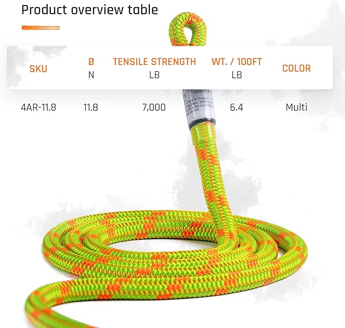 Pelican Rope Arborist Rope 11.8mm x 120Ft, USA Made High-Strength 24-Strands Static Climbing Rope - 7,000 lb Strength for Tree Climbing, Pulling, Outdoors & Swing - Yellow, Plain End