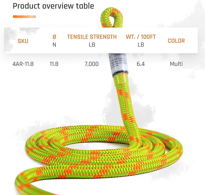 Pelican Rope Arborist Rope 11.8mm x 200Ft, USA Made High-Strength 24-Strands Static Climbing Rope - 5,400 lb Strength for Tree Climbing, Pulling, Outdoors & Swing - Viper, Tight Spliced Eye