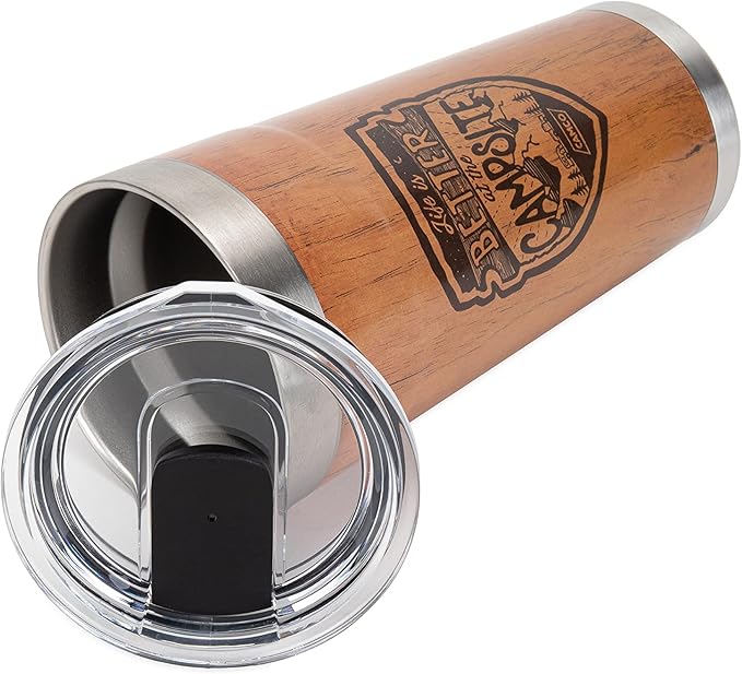 Camco Life is Better at The Campsite Wrapped Tumbler | Features Unique Wood Grain Design with a Burned in Life is Better at The Campsite Logo | 20 oz. (53327)