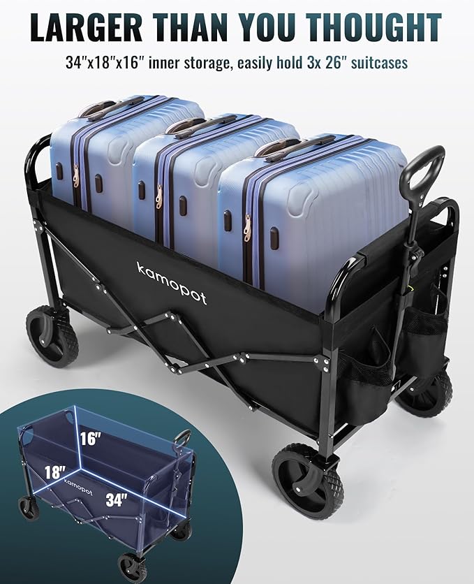 Large Collapsible Wagon Foldable for Grocery, Beach, Park, Yard, 34 x 18 Inch Inner Storage. 300lb Heavy Duty w/Cupholders & 1x 40oz Tumbler Included