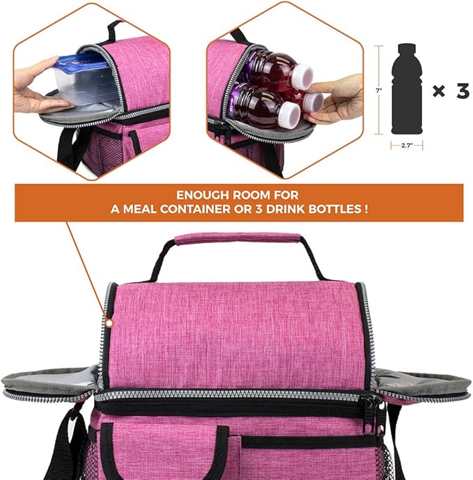 opux Lunch Bag Women Insulated, Adult Lunch Box Cooler, Lunch Box for Men, Dual Compartment Lunchbox for Work, Leakproof Double Decker Lunch Bag, Soft Lunch Pail Tote Girls Boys Kids School, Pink