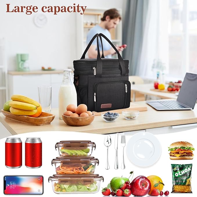 LOKASS Lunch Box for Women, 16L, Double Deck Expandable Insulated Lunch box For Adults/Women Thermal Large Waterproof Leakproof Cooler Bag with Shoulder Strap - Black