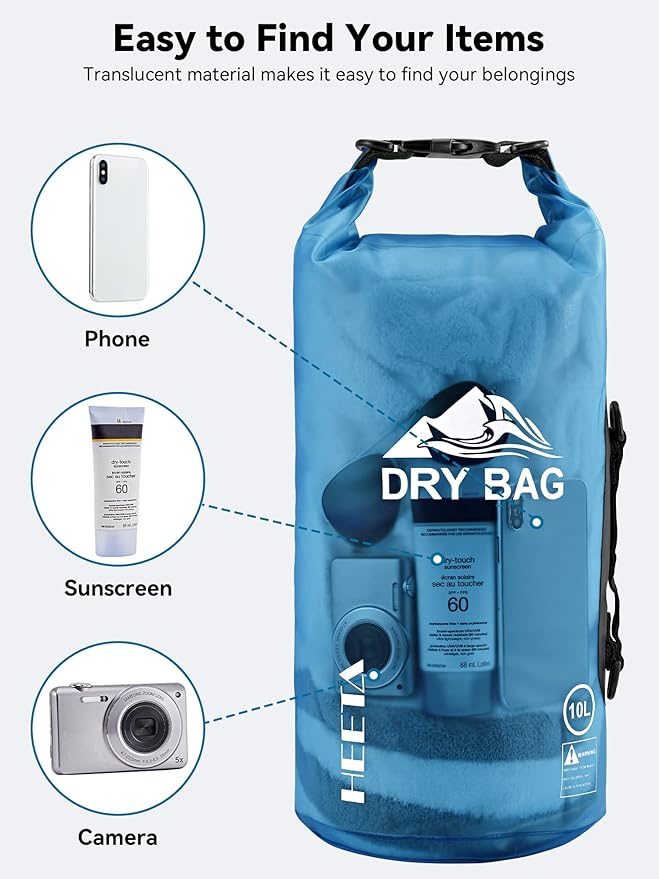 HEETA Dry Bag Waterproof for Women Men, 5L/10L/20L/30L/40L Roll Top Lightweight Dry Storage Bag Backpack with Phone Case for Travel, Swimming, Boating, Kayaking, Camping & Beach, 11 Transparent Colors