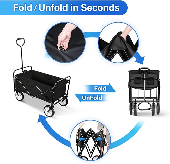 YSSOA Rolling Folding & Rolling Collapsible Garden Cart, Outdoor Camping Wagon Utility with 360 Degree Swivel Wheels & Adjustable Handle, Black 220lbs Weight Capacity