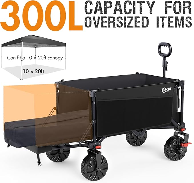 PORTAL 300L Large Capacity Foldable Wagon with Tailgate, 325LB Heavy-Duty Collapsible Utility Cart, All-Terrain Wheels & Brakes, Oversized Garden Wagon for Camping, Groceries, Sports, and Pets