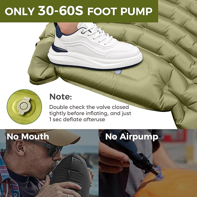 Camping Sleeping Pad, Ultra-Lightweight Inflatable Sleeping Mat with Built-in Pillow, Foot Pump, Compact and Portable, Ideal for Outdoor Camping, Backpacking, Hiking(Solo)