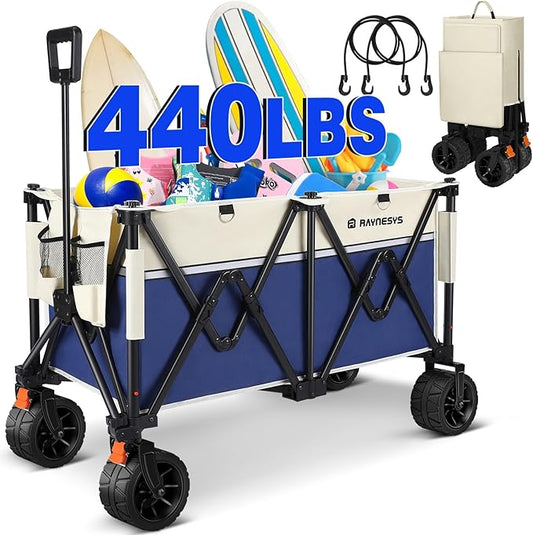 Beach Wagon Carts with Big Wheels for Sand, Raynesys 440 lbs Heavy Duty Foldable Wagon with 200L Capacity, All Terrain Utility Wagon, Beige+Blue