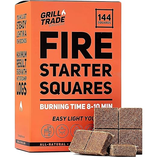 Grill Trade Fire Starter Squares 144, Easy Burn Your BBQ Grill, Camping Fire, Wood Stove, Smoker Pellets, Lump Charcoal - Fireplace Cubes - Ideal Barbeque Accessories