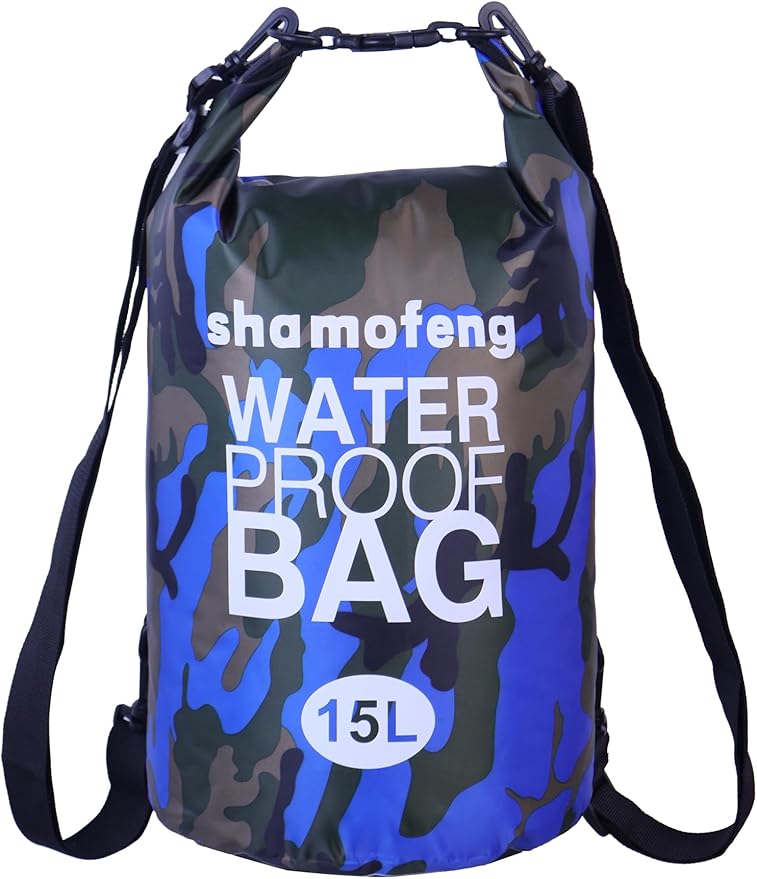 Waterproof Dry Bag Combo 5-30L Roll Top Dry Storage Bag Backpack for Kayaking Boating Beach Camping Travel Fishing, w/Phone Case & Collapsible Water Bottle & Sunglasses & Ear Band,Blue 15L
