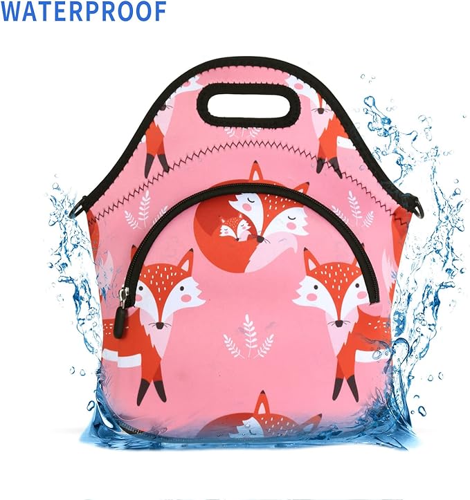 Violet Mist Neoprene Insutated Lunch Bag with Pocket Shoulder Strap Women Cute Animal Cartoon Lunch Box Resuable Waterproof Fox Pink LunchBag Tote Food Containers Gift Women Adult Work Picnic Travel