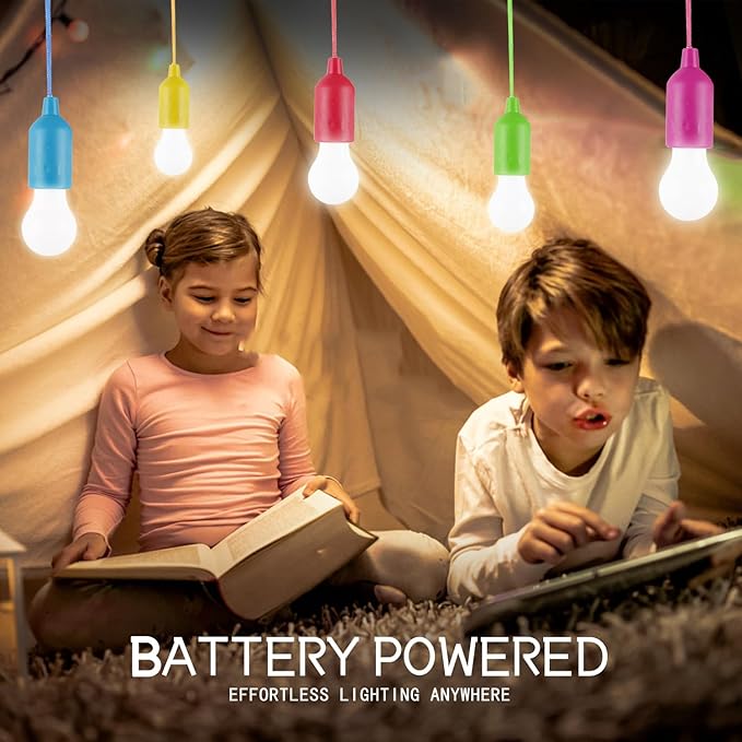 LED Pull Cord Light Bulb 4 Pack, LED Camping Lantern Lights Hanging Tent Lamp Light Bulbs for Camping, Hiking, Home Decor, Hurricane Emergency, Storms, Outages and More (4pcs Colored)