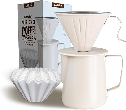 AGOGO Compact Portable Pour Over Coffee Maker Set - Easy Cleaning 304 Stainless Steel Dripper Set for Camping & 50 Filters Paper & Cleaning Rag (Cream, 600ml)