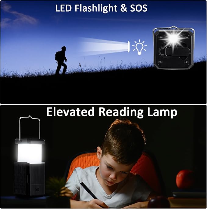 Camping Lantern Rechargeable, Hand Crank & Solar Camping Lights with USB Output, Tent Lights for Camping, Portable Camp Lamp, Camping Hurricane Home Power Failure Essentials (Black, 1 Pack)