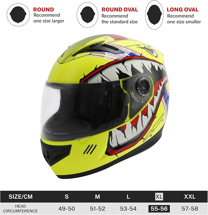 TCT-MOTORPARTS DOT Youth Kids Four Wheeler Helmet Motocross ATV Full Face Helmets for Offroad Street Dirt Bike Go-Kart BMX MX Snowmobile Skateboard Yellow Shark Mouth X-Large
