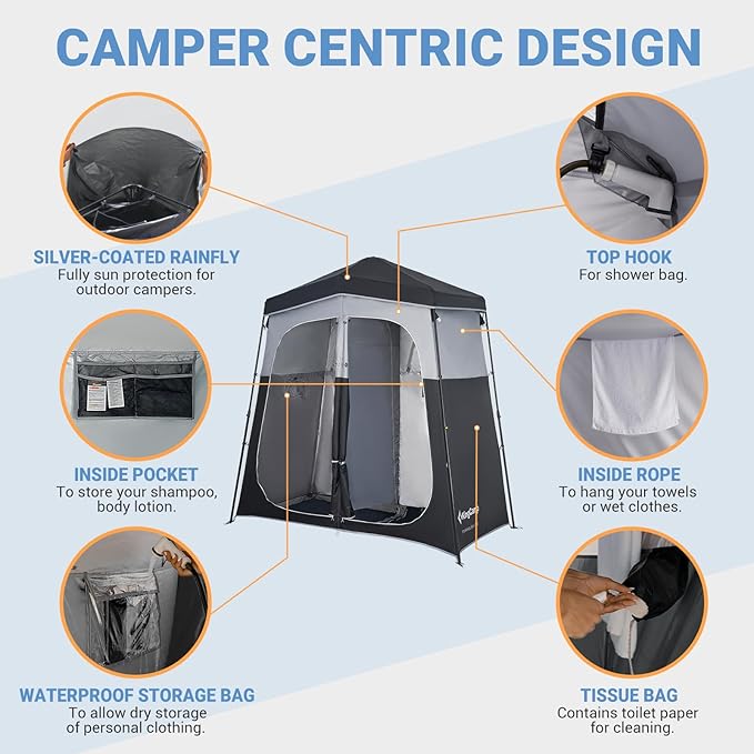 KingCamp Outdoor Shower Tents for Camping, Portable Instant Pop Up Privacy 2 Room Tent, with 5 Gallon/20L Portable Outdoor Shower Bag Sunlight Shower Bag