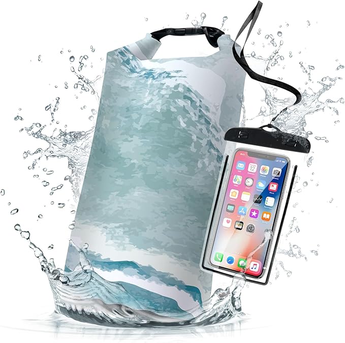 Waterproof Dry Bag,Roll Top Summer Ocean Coastal Beach Sea Waves Waterproof Backpack 5L/10L/20L Floating and Lightweight Bags for Kayaking, Boating, Swimming and Camping with Waterproof Phone Case