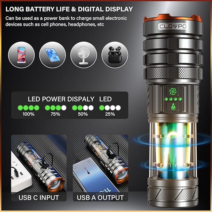 11 Modes Rechargeable Tactical Flashlight, 10000 Lumens Portable Camping Flashlight with Stand, 6H Long Lasting Bright LED Light for Outdoor Activity, Emergency Use