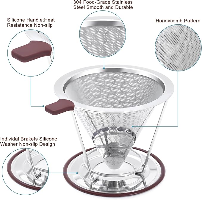 Pour Over Coffee Dripper, MISETTO Stainless Steel Filter,Easy to Clean Paperless pour over coffee maker,Reusable Filter,Cone Dripper with Removable Cup