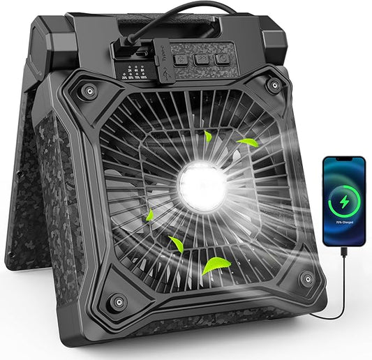 Solar Camping Fan with LED Lantern, 20000mAh Rechargeable Battery Powered with 10W Solar Panel and Emergency Power Bank, Quiet Battery Operated Tent Fan for Picnic, Barbecue, Fishing, Travel