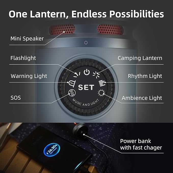 8 in 1 Camping Lantern with Mini Speaker, Built-in Rechargeable 5000mAh Power Bank, LED Music Camping Lights,Portable1000lm Flashlight, SOS, IP54 Waterproof