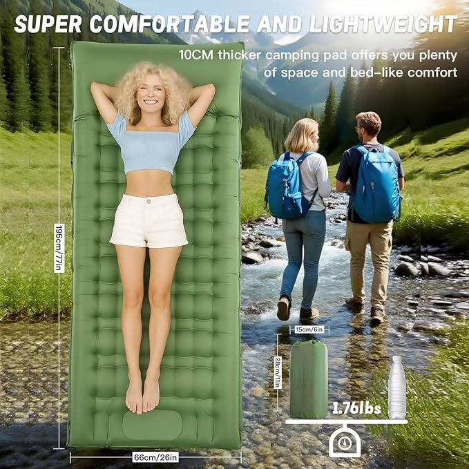 Ultralight Inflatable Sleeping Pad with Built-in Pump, Waterproof, Tear-Resistant, for Camping, Hiking, Backpacking, Outdoor Travel (Olive Green)