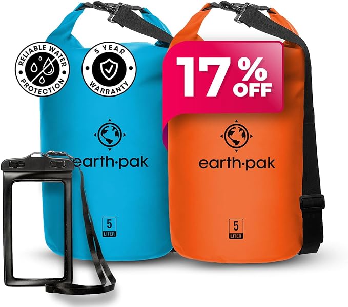 Earth Pak Waterproof Dry Bag - Roll Top Waterproof Backpack Light Blue 5L & Orange 5L