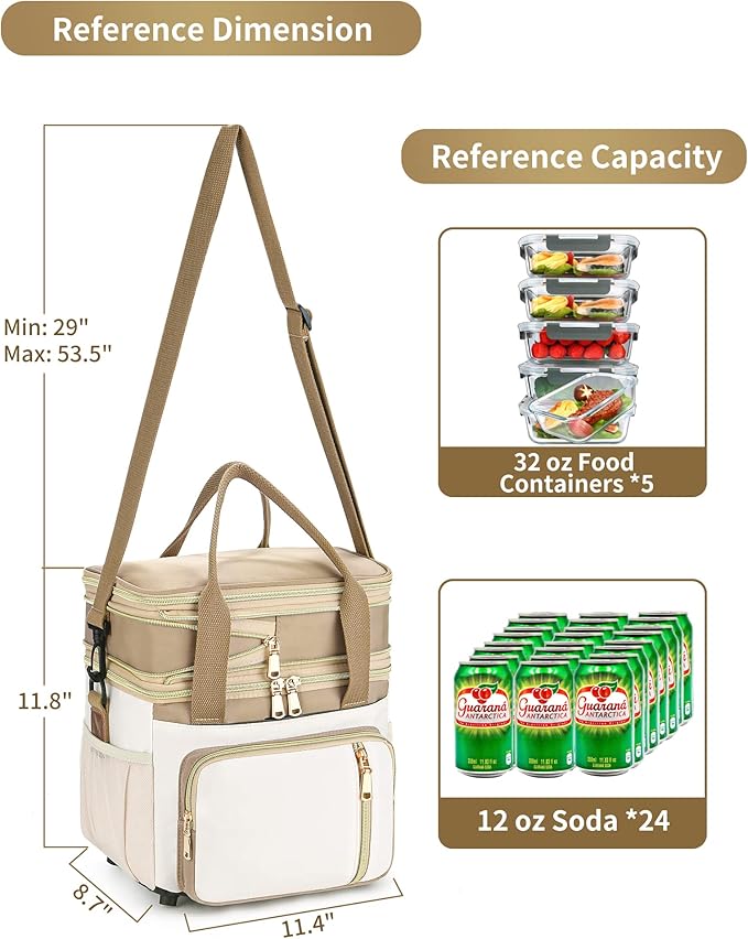 LOKASS Lunch Bag for Women/Men Work, 16L Expandable Double Deck Lunch box, Waterproof Leak-proof Cooler Bag, Portable Meal Prep Lunchbag with Adjustable Shoulder Strap - Brown