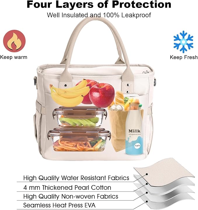 Hafmall Insulated Lunch Bag for Adults,Big lunch box for men, Wide Opening Insulated Bag with Shoulder Strap, Reusable Adult Lunch Bag For Work, Picnic(Beige)